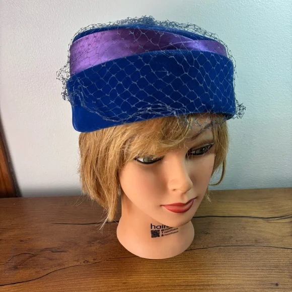 VTG 50s Pillbox Millinary Veiled Netting Hat Headpiece Blue Velvet Mod - Picture 3 of 12